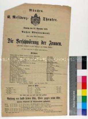 Programm des Königlichen Residenztheaters München für die Aufführung von "Die Verschwörung der Frauen" am 24. November 1872