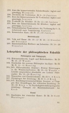 61-68, Lehrgebiete der philosophischen Fakultät