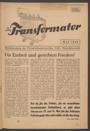 TRO-Betriebszeitung 'Der Transformator'; Sondernummer/1949 (Mai 1949)