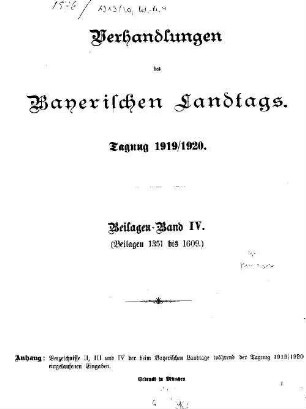Verhandlungen des Bayerischen Landtags. Beilagen. 1919/20,4