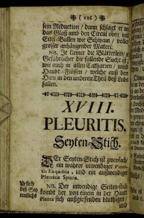 XVIII. Pleuritis. Seyten-Stich. - XIX. Pleuritis spuria. Außwendiger Seyten-Stich. - XX. Dysenteria. Rothe Ruhr.