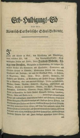 Erb-Huldigungs-Eid für die Römisch-Catholische Schul-Bediente : [Vorstehender Eid ist ... ad acta gelegt worden. 1796]