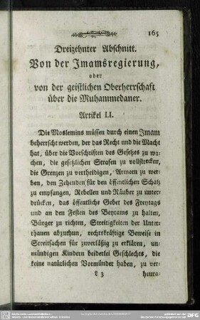 Dreizehnter Abschnitt. Von der Jmamsregierung, oder von der geistlichen Oberherrschaft der Muhammedaner