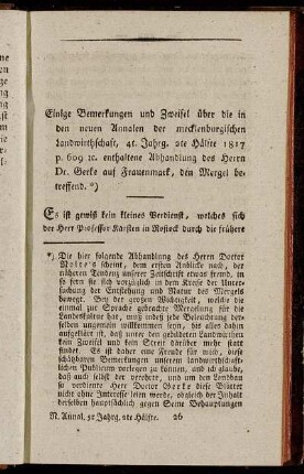 Einige Bemerkungen und Zweifel über die in den neuen Annalen der mecklenburgischen Landwirthschaft, 4t. Jahrg. 2te Hälfte 1817 609 [et]c. enthaltene Abhandlung des Herrn Dr. Gerke auf Frauenmark, den Mergel betreffend