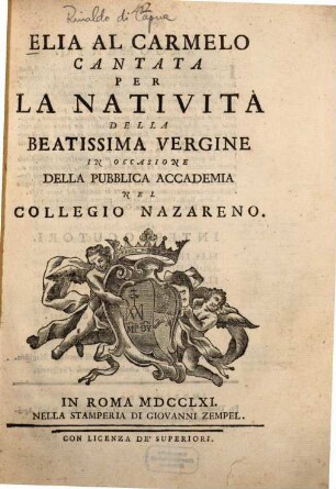 Elia al Carmelo : Cantata per la Natività della Beatissima Vergine