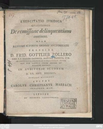 Exercitatio Ivridica Qvaestiones De remissione delinquentium continens