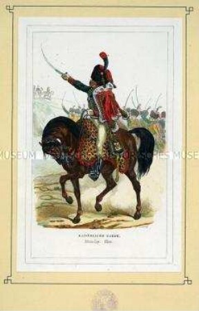 Uniformdarstellung, Offizier des Jäger-Regiments zu Pferde der Kaiserlichen Garde, Frankreich, Aus: Bellangé: Die Soldaten der französischen Republik und des Kaiserreichs.