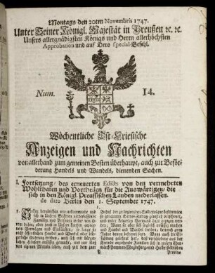 Num. 14. Montags den 20ten Novembris 1747.