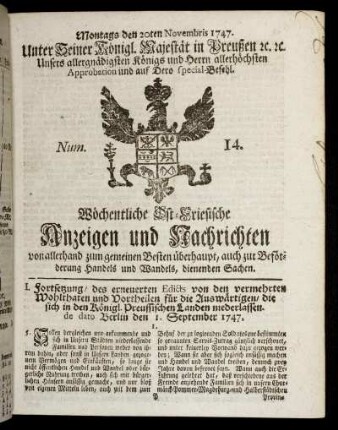 Num. 14. Montags den 20ten Novembris 1747.