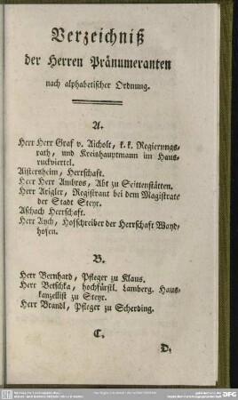 Verzeichniß der Herren Pränumeranten nach alphabetischer Ordnung