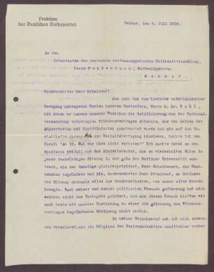 Schreiben von Fritz Mittelmann, Weimar, an Constantin Fehrenbach, Kritik an Constantin Fehrenbach