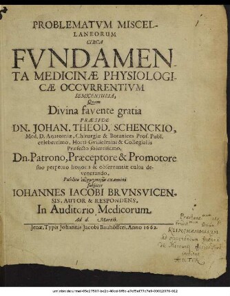 Problematum Miscellaneorum Circa Fundamenta Medicinae Physiologicae Occurrentium Semicenturia