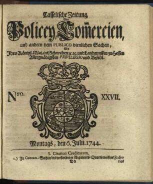 Nro. XXVII, Montags, den 6. Julii 1744