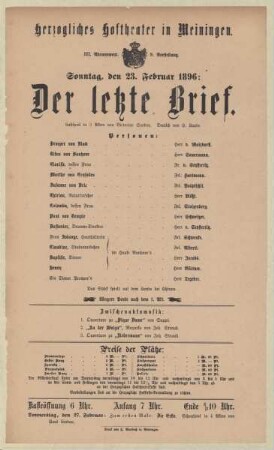 Theaterzettel zur Aufführung des Lustspiels "Der letzte Brief. von Victorien Sardou" in der Spielzeit 1895/96 des Herzoglichen Hoftheaters in Meiningen.
