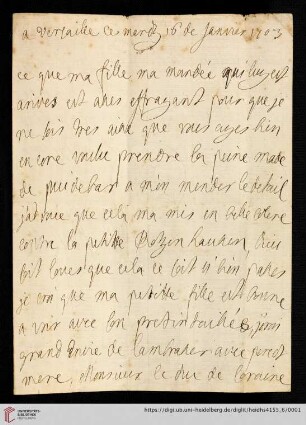 Elisabeth Charlotte (Liselotte) von der Pfalz - Briefe: Brief von Elisabeth Charlotte (Liselotte) von der Pfalz, Herzogin von Orléans, an Madame de Puidebar