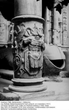Stiftskirche; sog. Bettlade, Baldachingrabmal für Graf Ludwig III. von Löwenstein (+1611) und seiner Gemahlin Anna, Gräfin von Wertheim-Stolberg (+1599), Detail