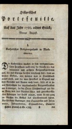 I. Katholischer Religionszustand in Nordamerica