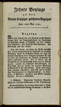 Zehnte Beylage zu den Neuen Leipziger gelehrten Anzeigen - Zum 15ten Mai 1797.