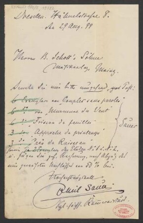Brief an B. Schott's Söhne : 29.08.1899