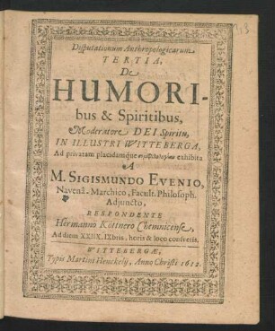 Disputationum Anthropologicarum Tertia, De Humoribus & Spiritibus