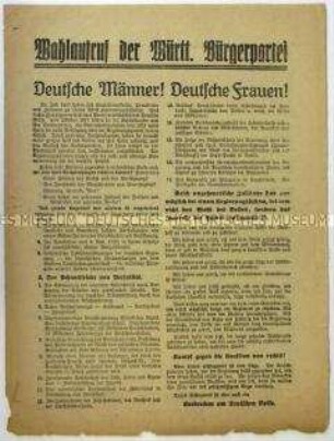Aufruf der Württembergischen Bürgerpartei zur Reichstagswahl 1920