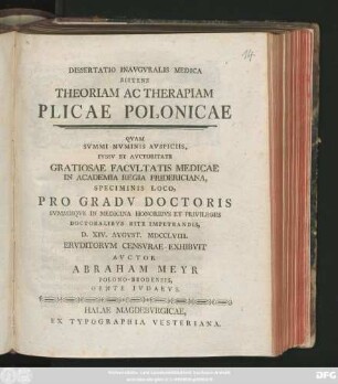 Dissertatio Inavgvralis Medica Sistens Theoriam Ac Therapiam Plicae Polonicae