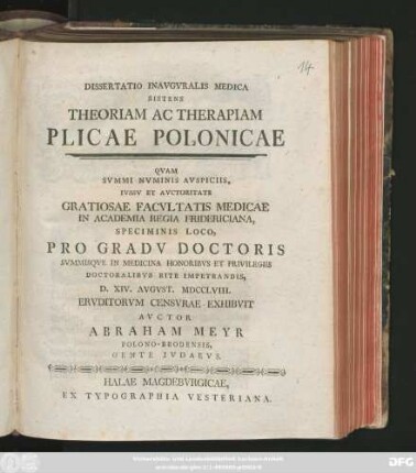 Dissertatio Inavgvralis Medica Sistens Theoriam Ac Therapiam Plicae Polonicae