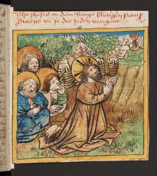 Federzeichnung, koloriert: Gebet Jesu am Ölberg