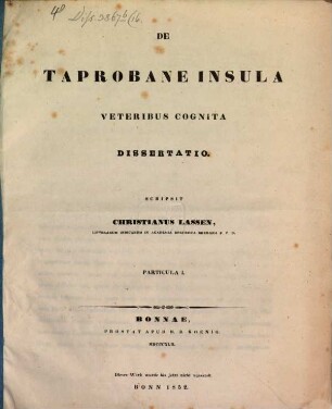 De Taprobane insula veteribus cognita diss., Part. 1