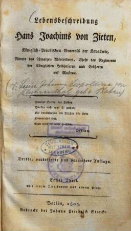 Lebensbeschreibung Hans Joachims von Zieten, Königlich-Preussischen Generals der Kavallerie ..., 1.
