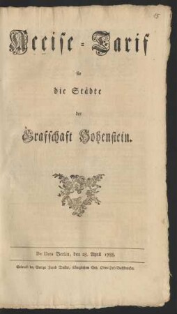 Accise-Tarif für die Städte der Grafschaft Hohenstein : De Dato Berlin, den 28. April 1788