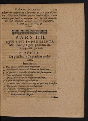 Pars IIII. Quae Sint Impedimenta Matrimonii: Quaeque personae coniungi possint: quae non.