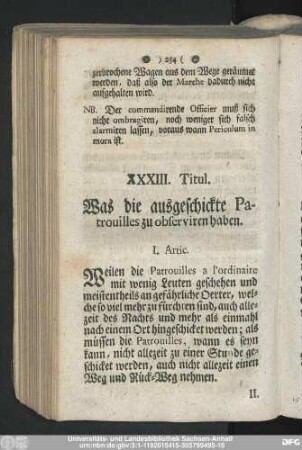 XXXIII. Titul. Was die ausgeschickte Patrouilles zu observiren haben.