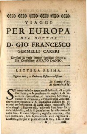 Giro del mondo, 7. Contenente la prima parte de'viaggi per Europa divisati in varie lettere famigliari scritte al Sig. Consigliere Amato Danio