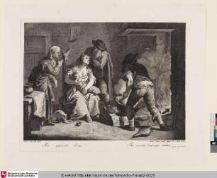 [Eine Familie vor dem offenen Kamin in dem ein Topf steht, eine junge Frau stillt ein Baby, hinter ihr ein zu ihr gebeugter Mann, links von ihr eine Alte mit einem Spinnrocken]