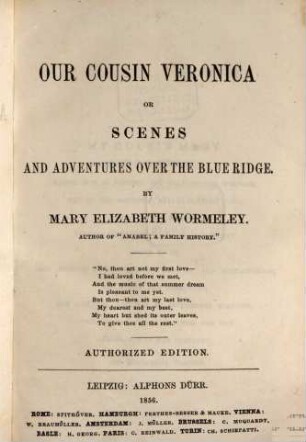 Our Cousin Veronica, or, Scenes and Aventures over the Blue Ridge