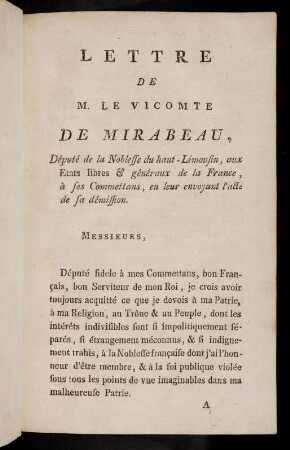 1-21, Lettre de M. le Victomte de Mirabeau