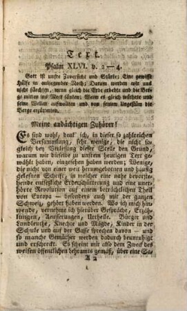 Predigt wider die Furcht vor Erderschütterungen : über Psalm XLVI. v. 2 - 4 gehalten Sonntagsabends den 15. Jenner, 1786.