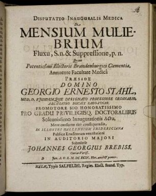 Disputatio Inauguralis Medica De Mensium Muliebrium Fluxu, S.n. & Suppressione, p.n.