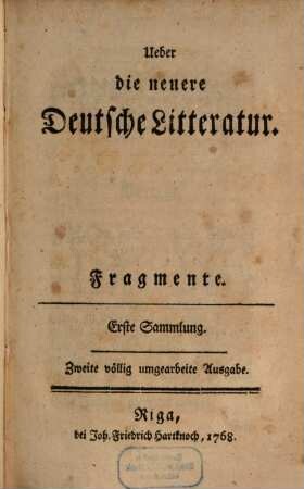 Ueber die neuere Deutsche Litteratur. 1, Fragmente