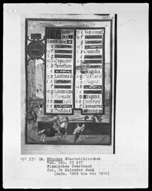 Flämisches Gebetbuch mit Kalender — Kalenderseite Juni mit Monatsbild und Tierkreiszeichen, Folio 3verso