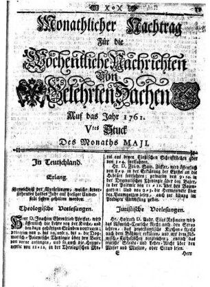Monathlicher Nachtrag [...] Vtes Stuck Des Monaths Maji