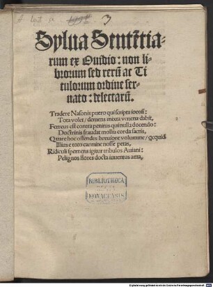 Sylua Sente[n]tiarum ex Ouidio : non librorum sed reru[m] ac Titulorum ordine seruato: delectaru[m]