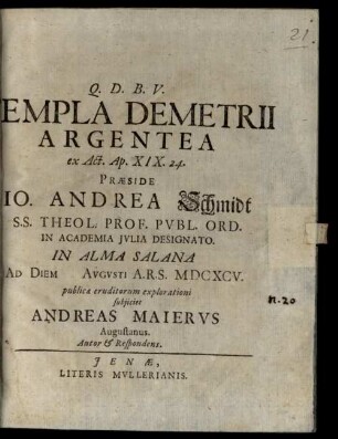 Templa Demetrii argentea, ex Act. Ap. XIX. 24.