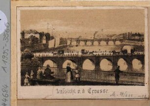 Ansicht von Dresden, Blick von der Brühlschen Terrasse auf die Elbe nach Nordwesten, mit Marien- und Augustusbrücke