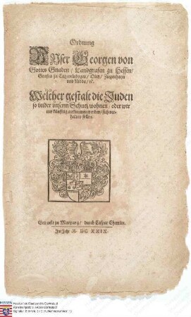 Judenordnung von Landgraf Georg II. v. Hessen-Darmstadt. Gedruckt durch Kaspar Chemlin
