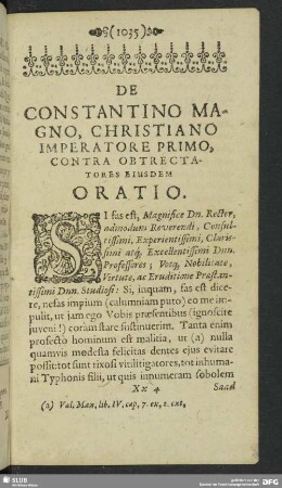 Oratio Secunda Et Vigesima. De Constantino Magno, Christiano Imperatore Primo, Contra Obtrectatores Eiusdem