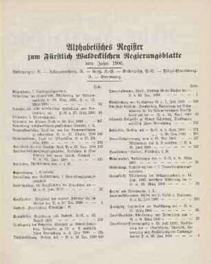 Alphabetisches Register zum Fürstlich Waldeckischen Regierungsblatte vom Jahre 1900