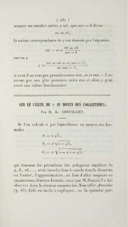Sur le calcul de π au moyen des logarithmes.