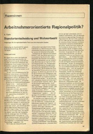 Rezensionen: Arbeitnehmerorientierte Regionalpolitik?